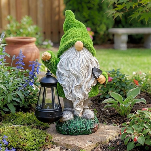 TERESA'S COLLECTIONS Christmas Outdoor Statue for Home, Resin Gnome Decorations with Solar Outdoor Lights for Garden Decor,Green Garden Sculptures & Statues for Front Patio Lawn, Gifts for Mom,12"