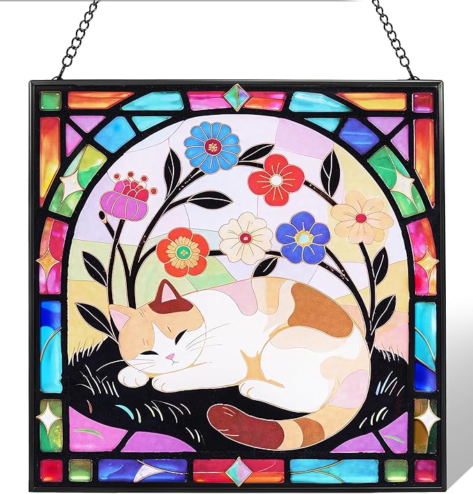Cat Stained Glass Window Hanging, 7.9" Square Suncatcher with Chain Suction Cup, Cute Kitten Sun Catchers Indoor Window, Colorful Cat Decor for Wall, Porch, Birthday, Sleepy Calico