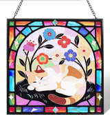 Cat Stained Glass Window Hanging, 7.9" Square Suncatcher with Chain Suction Cup, Cute Kitten Sun Catchers Indoor Window, Colorful Cat Decor for Wall, Porch, Birthday, Sleepy Calico