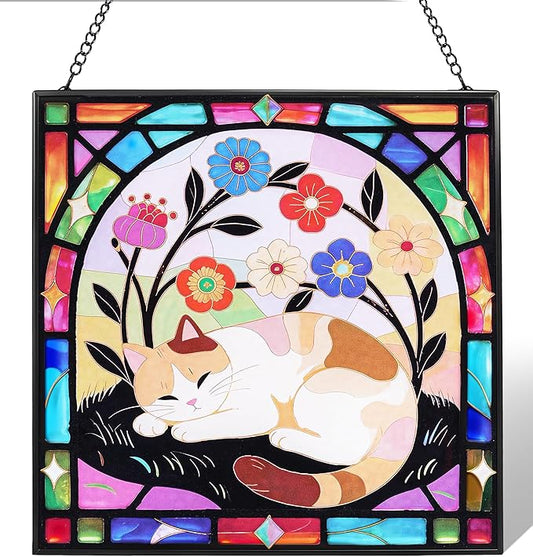 Cat Stained Glass Window Hanging, 7.9" Square Suncatcher with Chain Suction Cup, Cute Kitten Sun Catchers Indoor Window, Colorful Cat Decor for Wall, Porch, Birthday, Sleepy Calico
