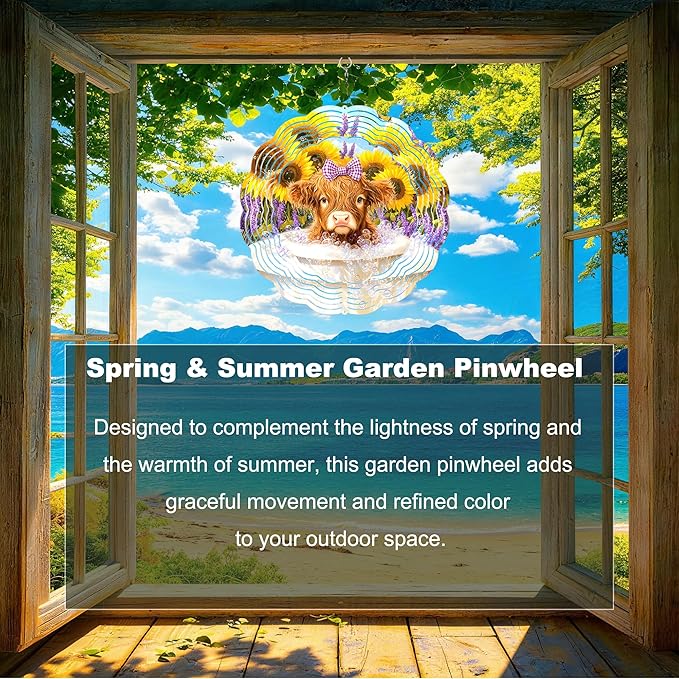 10x10 Inch Wind Spinner Outdoor Hanging Highland Cow Sunflower Lavender Metal Kinetic Spiral Ornament for Yard Garden Patio Porch Balcony Tree Window Decor Gift