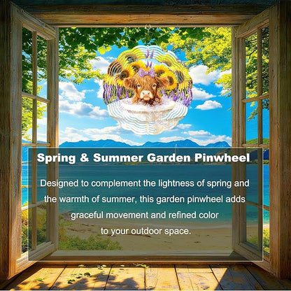 10x10 Inch Wind Spinner Outdoor Hanging Highland Cow Sunflower Lavender Metal Kinetic Spiral Ornament for Yard Garden Patio Porch Balcony Tree Window Decor Gift