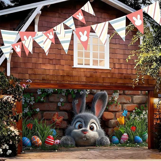 Easter Garage Door Banner Cover, Easter Bunny Colorful Eggs Spring Party Backdrop Decor, Garage Door Cover For Outdoor Yard Holiday Decoration (Cute Bunny)