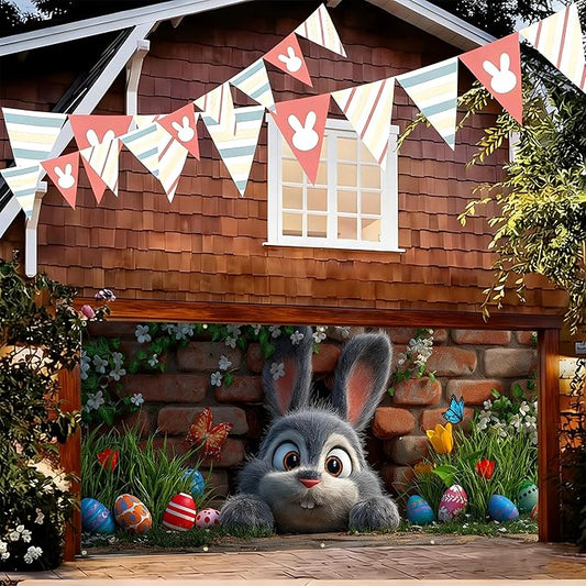 Easter Garage Door Banner Cover, Easter Bunny Colorful Eggs Spring Party Backdrop Decor, Garage Door Cover For Outdoor Yard Holiday Decoration (Cute Bunny)