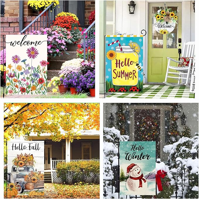 Seasonal Garden Flags Set of 12 Double Sided 12x18 Inch, Small Yard Flags for Outside, Spring Summer Fall Winter & Holiday Outdoor Decor, Halloween Christmas Easter Decorations for All Seasons