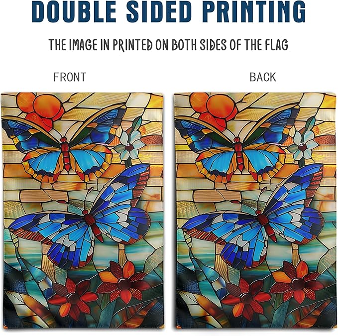 Stained Glass Butterfly Garden Flag Spring Summer House Flag Fall Floral Decorative Yard Flags for Outside 28x40 Double Sided Large Seasonal Lawn Flags Rustic Outdoor Decor