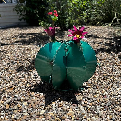 Handmade Metal Bisnaga Cactus with Flowers - Garden Art Decor (Emerald)