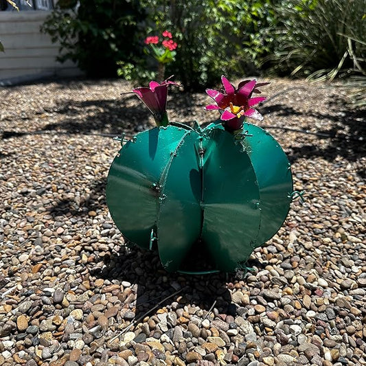 Handmade Metal Bisnaga Cactus with Flowers - Garden Art Decor (Emerald)