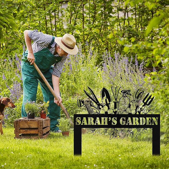 Personalized Metal Garden Signs with Stake, Custom Garden Tool Signs for Outside Waterproof, Customized Name Sign Yard Lawn Gardens Decor Gardening Gifts for Moms Grandmas Gardeners