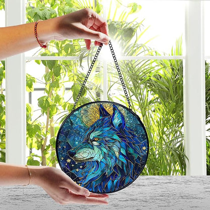 Funny Wolf Gifts Suncatcher Window Hanging, Wolf Decor Sun Catchers Indoor Window Round Glass Wall Art Decor, Animal Lover Gifts Suncatcher Wall Hanging Decorations, 711cz-blh-wolf Patio