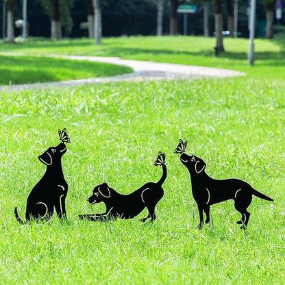 Glitzhome Set of 3 Dog Silhouette Stakes, Black Metal Decorative Garden Stakes or Wall Decor with Butterfly Cutout Design, Iron Yard Art Lawn Spring Decoration, 20 "H