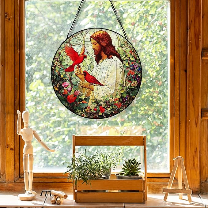 Jesus Cardinal Suncatcher Stained Glass Window Hanging, Christian Jesus Cardinal Flower Sun Catchers Indoor Window Glass Round Wall Decor, Religious Wall Art Hanging Decorations, 7.8＂x7.8＂