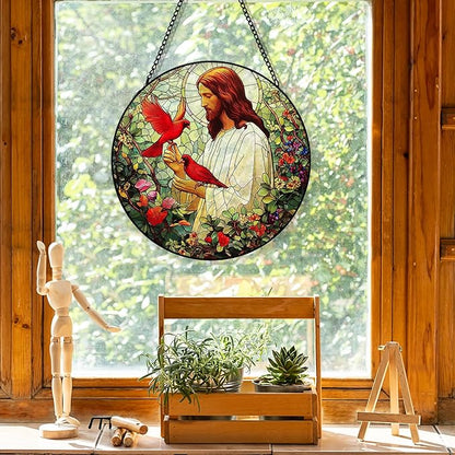 Jesus Cardinal Suncatcher Stained Glass Window Hanging, Christian Jesus Cardinal Flower Sun Catchers Indoor Window Glass Round Wall Decor, Religious Wall Art Hanging Decorations, 7.8＂x7.8＂