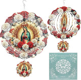 Virgin Mary Wind Spinner Outdoor, Christian Decor Gift, Hanging Metal Wind Catcher with 2.4" Guadalupe Center Pendant, 12" 3D Stainless Steel Kinetic Art for Garden Yard