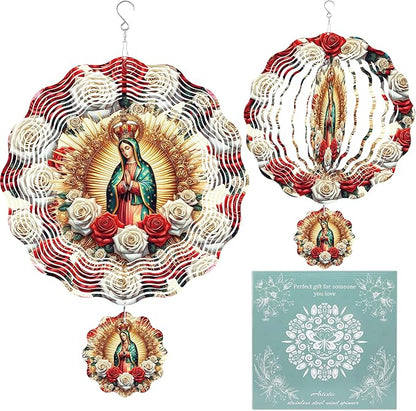 Virgin Mary Wind Spinner Outdoor, Christian Decor Gift, Hanging Metal Wind Catcher with 2.4" Guadalupe Center Pendant, 12" 3D Stainless Steel Kinetic Art for Garden Yard