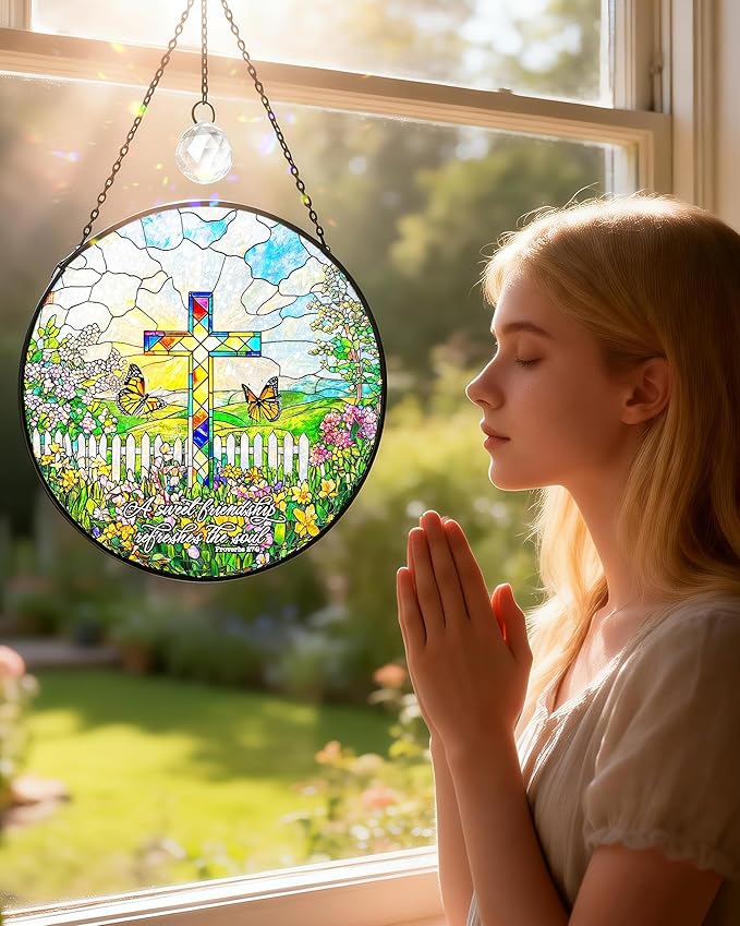 Christian Stained Glass Window Hanging Sun Catcher, Religious Faith for Mom or Grandma, Church Window Decor