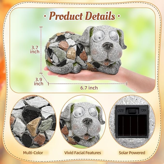 Outdoor Garden Decor Solar Dog Statue & Sculpture, Cute Dog Garden Statue, Solar Yard Decorations for Lawn Patio Front, Stone Resin Figurine ldeal Gift for Mom