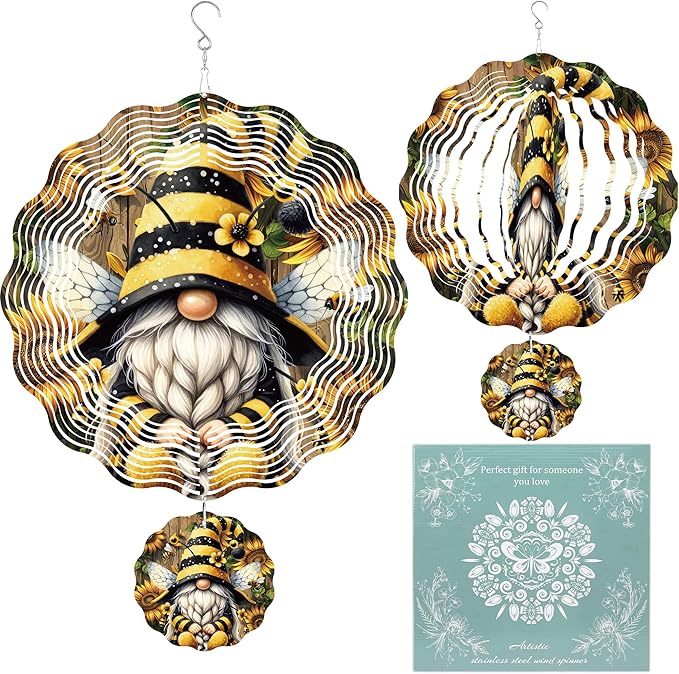 Wind Spinner Hanging Outdoor Decor, 12 Inch 3D Bee Gnome Metal Kinetic Wind Spinners for Garden Yard Patio, Stainless Steel Laser Cut Art Gifts for Women Outdoor Decorations