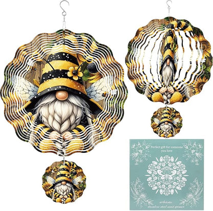 Wind Spinner Hanging Outdoor Decor, 12 Inch 3D Bee Gnome Metal Kinetic Wind Spinners for Garden Yard Patio, Stainless Steel Laser Cut Art Gifts for Women Outdoor Decorations