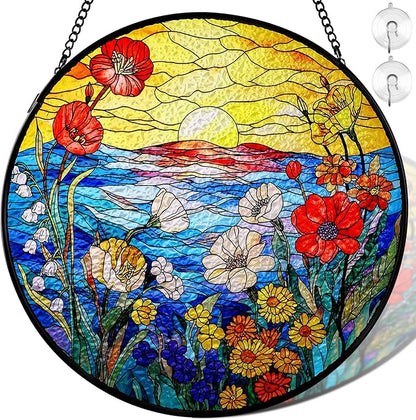 Remiawy Stained Glass Window Hanging, Wildflowers Sunrise 8 Inch Glass Panel with Metal Chain and Hooks Large Window Indoor Wall Art Decor Gift for Women Mother's Day Christmas