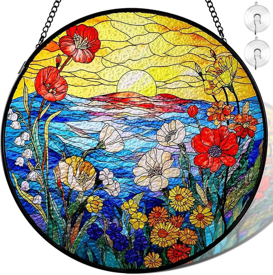 Remiawy Stained Glass Window Hanging, Wildflowers Sunrise 8 Inch Glass Panel with Metal Chain and Hooks Large Window Indoor Wall Art Decor Gift for Women Mother's Day Christmas