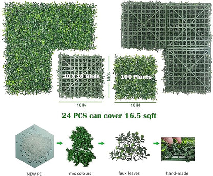 Bybeton 24 Pcs Artificial Grass Wall Panels, 10x10 Inch Fake Boxwood Greenery Backdrop, Realistic Privacy Screen for Indoor Outdoor Photo Background, Spring Decor