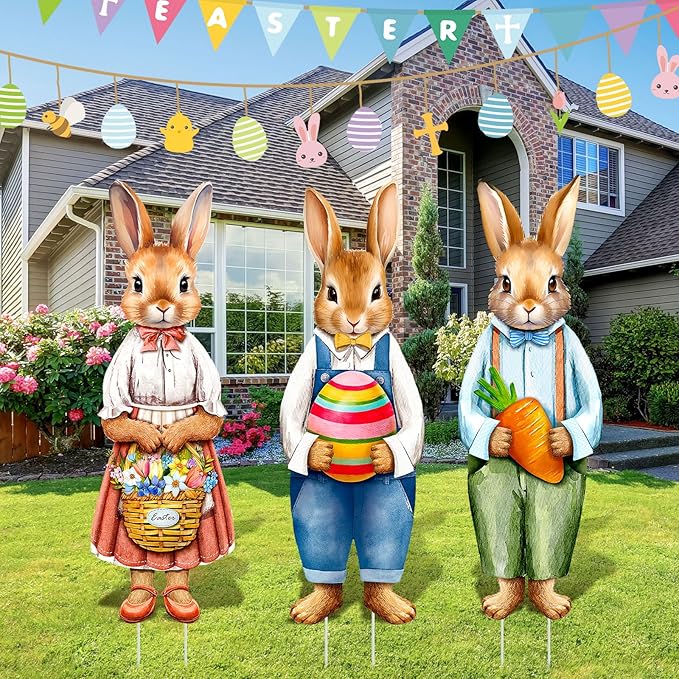 Umigy 3 Pcs Easter Yard Decor Elegant Easter Sign with Stakes 32 x 10 Inch Bunny Holding Carrots Eggs Baskets Lawn Decor Cute Yard Decoraitons for Home Pathway Walkway