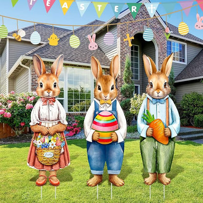 Umigy 3 Pcs Easter Yard Decor Elegant Easter Sign with Stakes 32 x 10 Inch Bunny Holding Carrots Eggs Baskets Lawn Decor Cute Yard Decoraitons for Home Pathway Walkway
