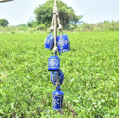 Hand-Painted Christmas Bell Wind Chime 25”– 5 Hanging Metal Witch Cow Bells Floral Design – Outdoor & Indoor Rustic Decor for Garden, Patio, Porch, Balcony, Entryway, Farmhouse,Gift (Sky Blue)