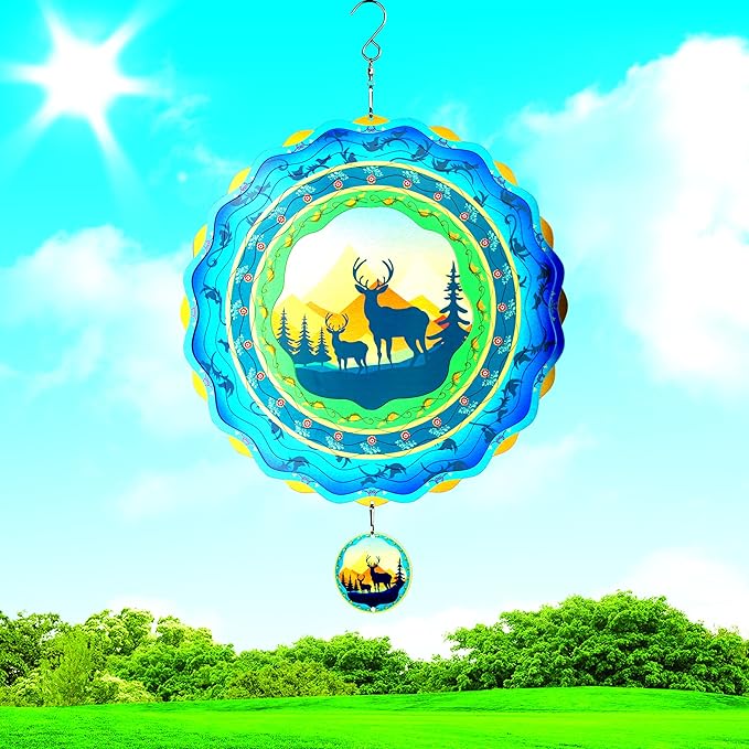 12 inch Stainless Steel Elks Wind Spinner for Outdoor Garden Yard Patio Window Decor, 3D Light Catcher Hanging Metal Wind Sculpture, Kinetic Deer Gift for Women Mom Grandma Wife Men Holidays