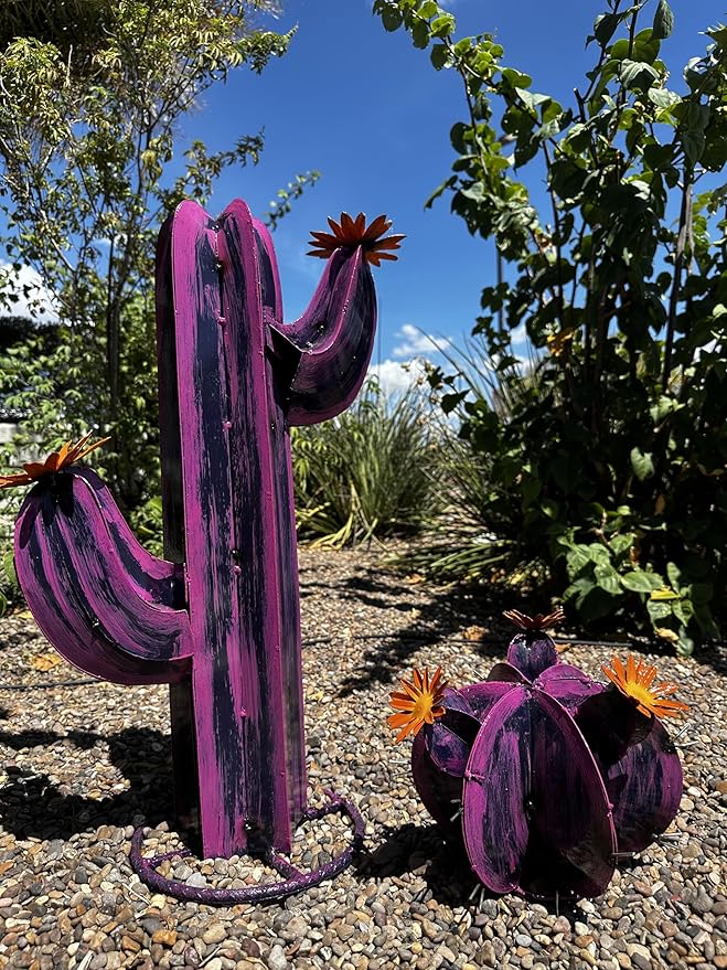 Colorful Metal Saguaro Cactus with Flowers - Handmade Garden Decor (Purple)