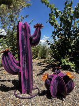 Colorful Metal Saguaro Cactus with Flowers - Handmade Garden Decor (Purple)