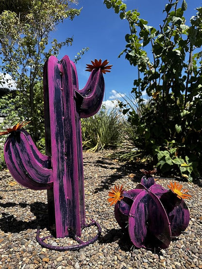 Colorful Metal Saguaro Cactus with Flowers - Handmade Garden Decor (Purple)