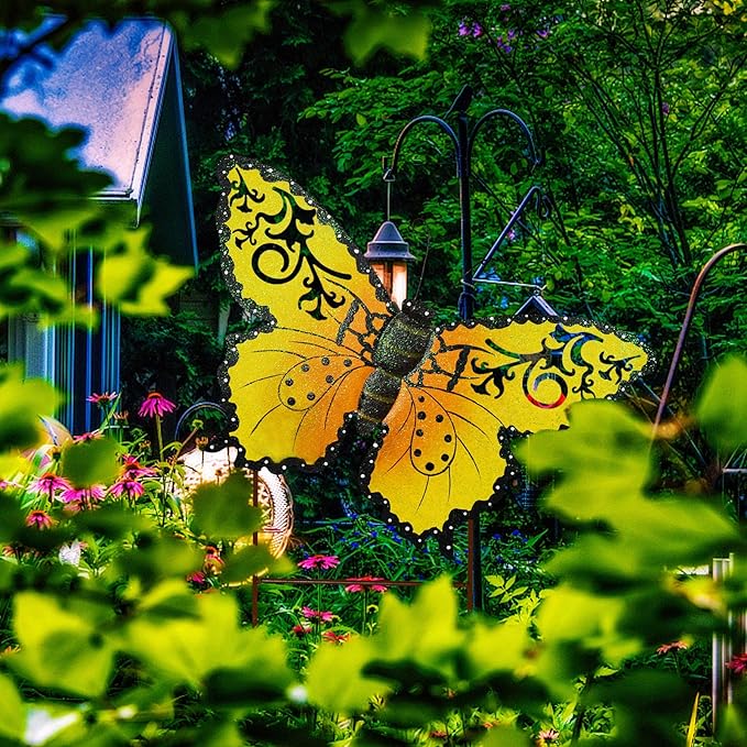Decorative Butterfly Garden Decor Outdoor Butterfly Garden Stake Decor, Metal Butterfly Yard Stake Garden Insect Decor Patio Lawn Backyard Decor (Yellow)