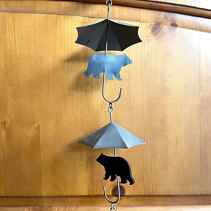 Rustic Black Bear & Umbrella Rain Chain - 75 inches Long Distressed Copper Finish, 10 Decorative 3D Designs, Weighted Bell for Wind Chime Sound