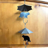 Rustic Black Bear & Umbrella Rain Chain - 75 inches Long Distressed Copper Finish, 10 Decorative 3D Designs, Weighted Bell for Wind Chime Sound