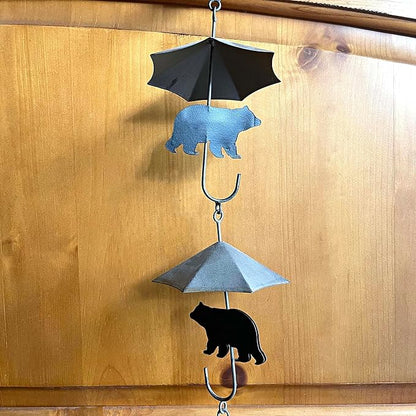 Rustic Black Bear & Umbrella Rain Chain - 75 inches Long Distressed Copper Finish, 10 Decorative 3D Designs, Weighted Bell for Wind Chime Sound