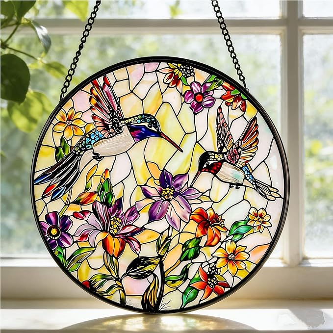Stained Glass Sun Catcher,HummingbirdsStained Glass Window Hanging Garden Decor,Sun Catchers Indoor Window,Whimsical Decoration for Home Backyard Patio Lawn Porch with 9.8 INCH