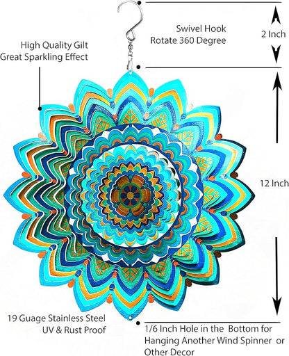 HS's Creation Wind Spinner Hanging Kinetic 19 Gauge 3D Metal with Swivel Hooks Sun Catcher for Outdoor Garden Decoration Handcrafted Art Gift Ornaments Sculpture Mandala Lucky Halo 12 Inch
