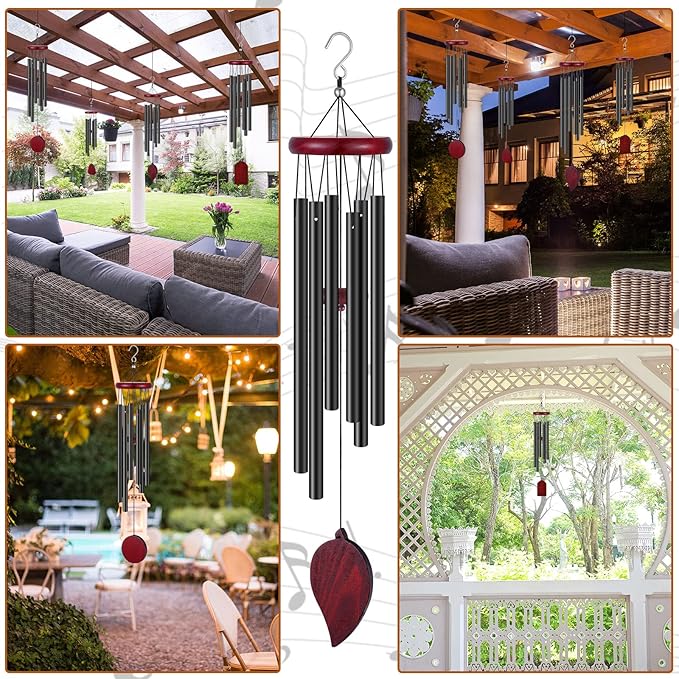 Tatuo 4 Pcs Memorial Wind Chimes 28 Inch Wooden Sympathy Wind Chimes DIY Sympathy Gift for Father's Day Loss of Loved One Bereavement with 6 Aluminum Tube for Indoor Outdoor(Black,Simple Style)
