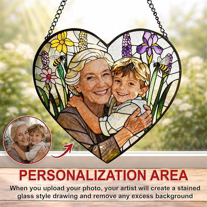 Personalized Grandma Photo Stained Glass Sun Catcher, Customized Family Suncatcher Window Hanging Ornament, Custom Picture Mother's Day Mom Mother in Law, Garden Birthday