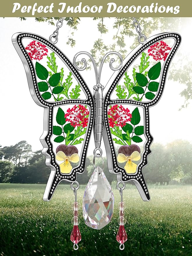 KY&BOSAM Butterfly Suncatcher Crystal Stained Glass for Windows Hangings Wind Chaim with Pressed Flower and Metal Heart Charm Mother`s Day Gifts for Mom from Daughter Son Christmas Birthday Décor