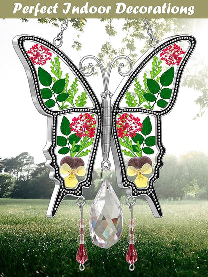 KY&BOSAM Butterfly Suncatcher Crystal Stained Glass for Windows Hangings Wind Chaim with Pressed Flower and Metal Heart Charm Mother`s Day Gifts for Mom from Daughter Son Christmas Birthday Décor