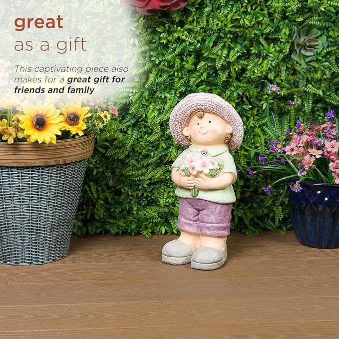 Alpine Corporation QWR1458 Outdoor Little Boy with Flowers Garden Statue, Playful Child Statue for Yard, 16" H, Purple