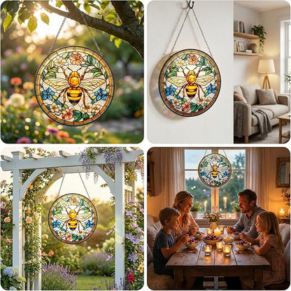 Stained Glass Window Hanging, Bee in Garden Flowers Sun Catcher, 7.87 InchHandmade Suncatcher for Window, Home Kitchen Decor, Gift for Gardeners, Bee Lovers, Birthday