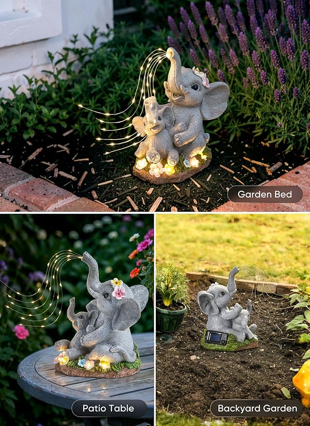 Brightown Solar-Elephant-Garden-Decor-Statue with Succulent & Watering LED Lights, Waterproof Outdoor Decor for Patio, Lawn, Balcony & Yard Decorations Outdoor, Unique Mothers Day Gifts for Mom Women