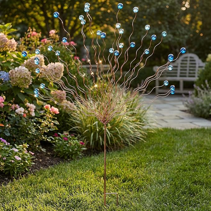 Novabright Whimsical Blue Bead Tree Yard Stake 40 Inch H 30 Arm Bead Art Garden Decoration Handmade Rustic Metal Decorative Yard Stake for Women Gift Party Decor