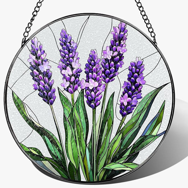 Stained Glass Window Hanging, 8 Inch Lavender Stained Glass Suncatcher, Flower Sun Catcher, Window Hanging Decor, Flower Lovers Gift for Her, Housewarming Gift, Gifts for Lover, Bestie and Couple