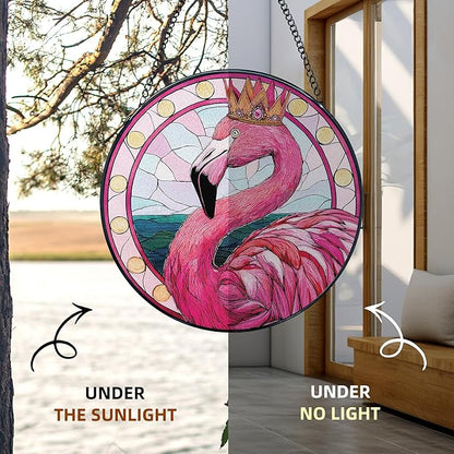 Pink Flamingo Stained Glass Window Hanging, Flamingo Suncatcher, Tropical Pink Flamingos Bird Sun Catchers Indoor Window Round Glass Wall Art Hanging Decorations, 7.9x7.9in