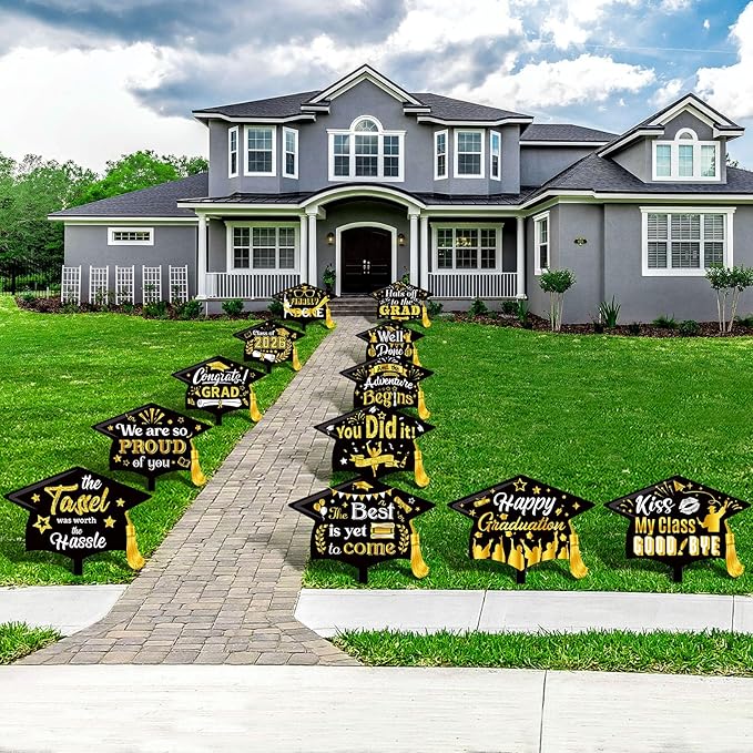 Chunful 12 Pack Graduation Yard Signs Grad Decoration 2026 Happy Graduate Lawn Garden Sign with Stake Congrats Outdoor Plastic Cap Hanging Ornament for Class Pathway Walkway Porch Party(Black)